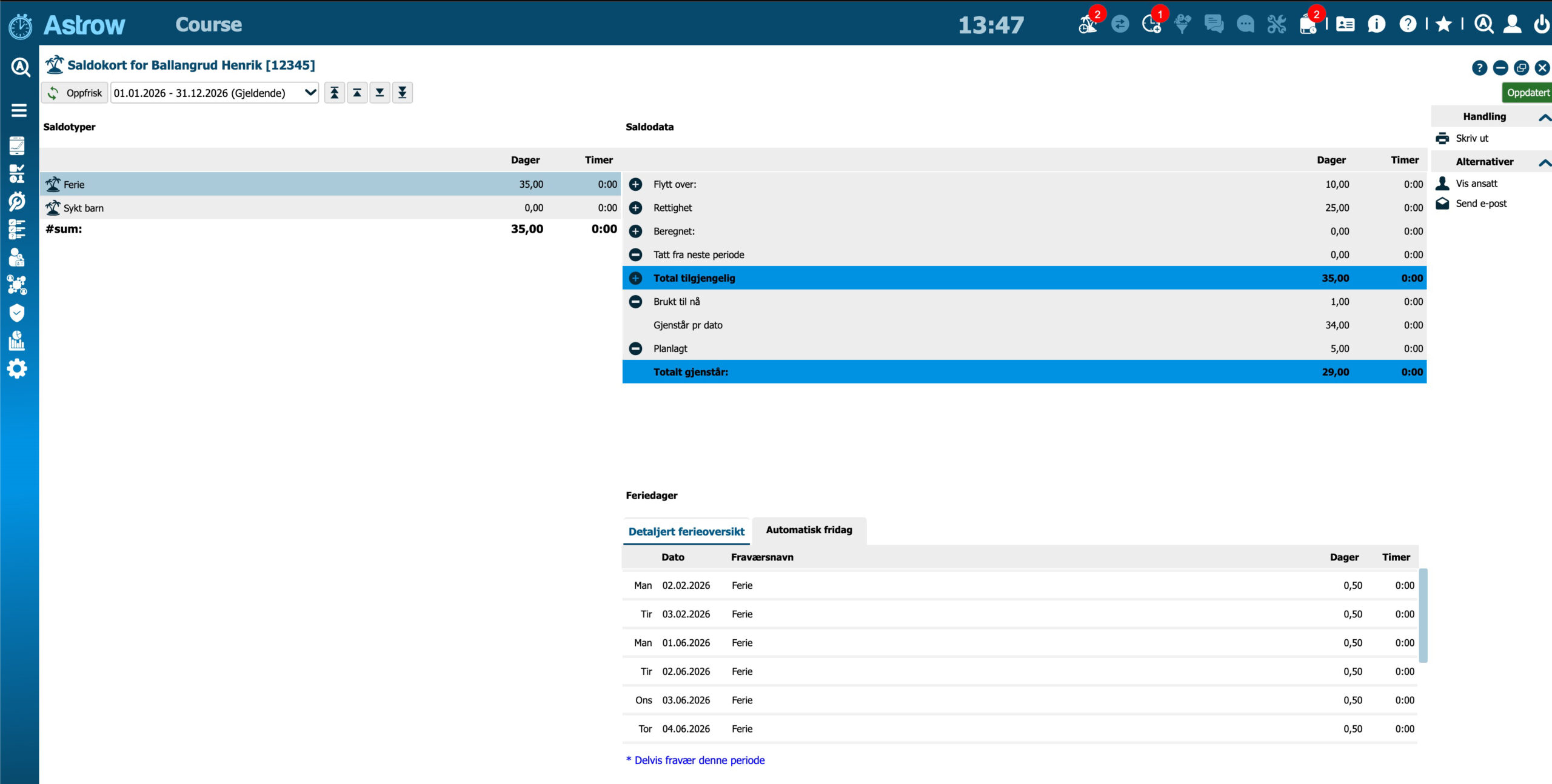 Feriesaldo ansattportal Astrow timeregistrering
