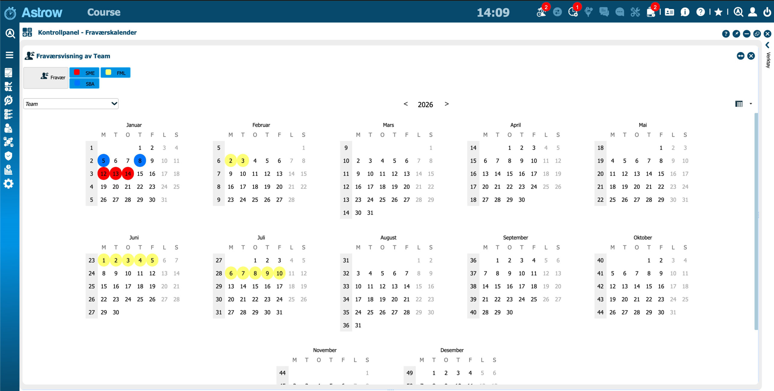 Fraværskalender i Astrow timeregistrering