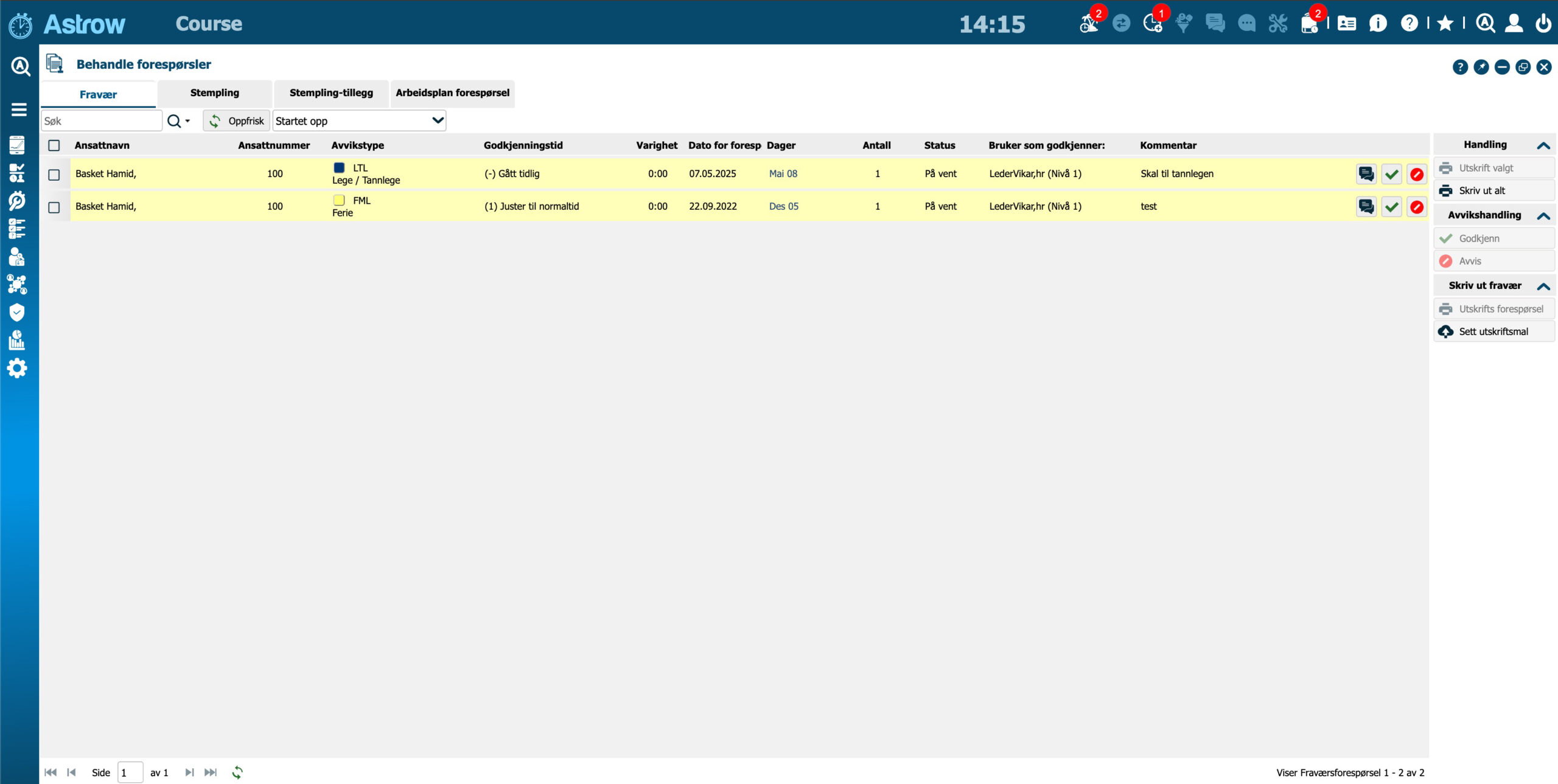 Godkjenning av overtid og fravær i Astrow timeregistrering
