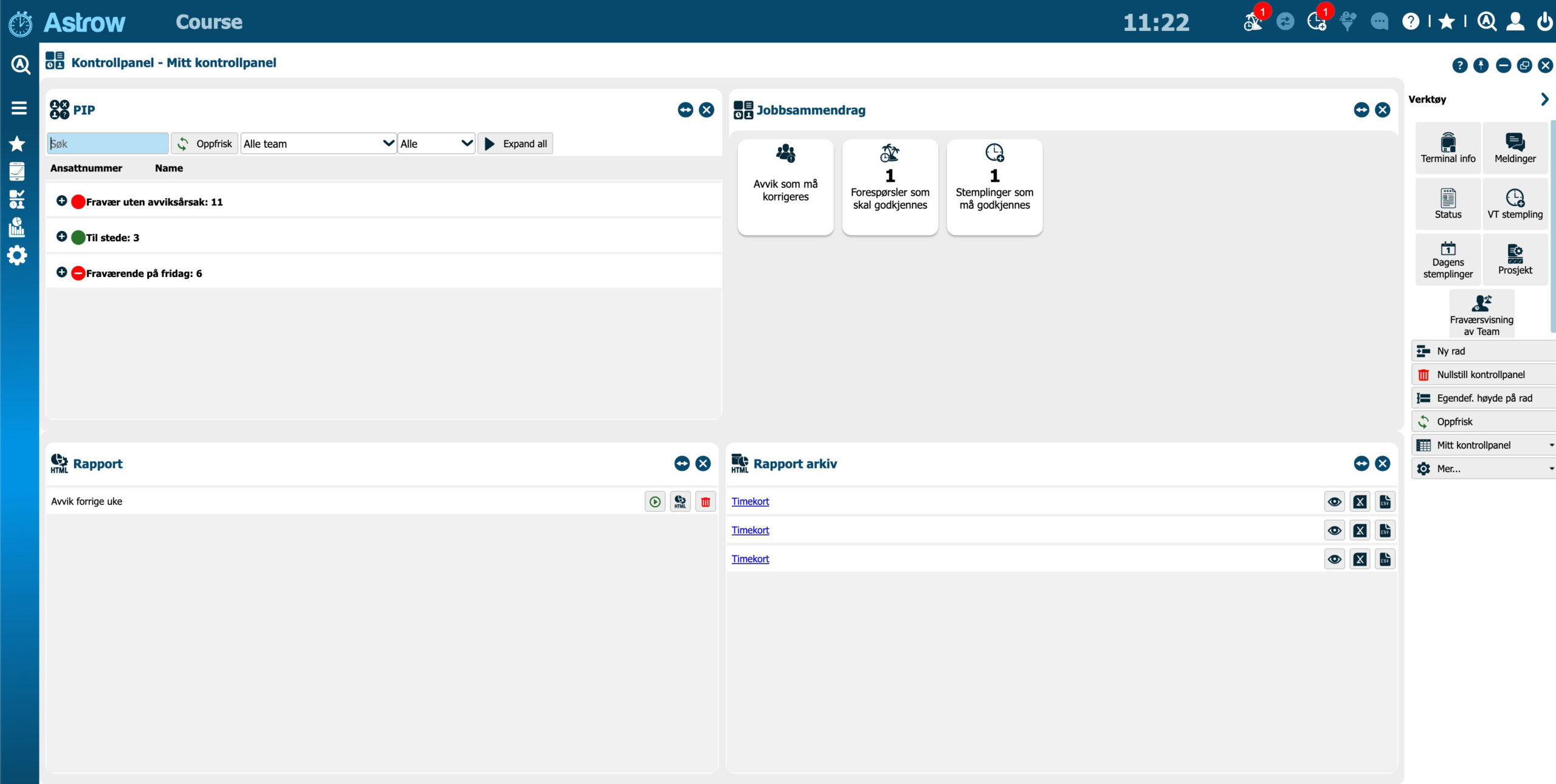 Kontrollpanelet for ledere i Astrow timeregistrering