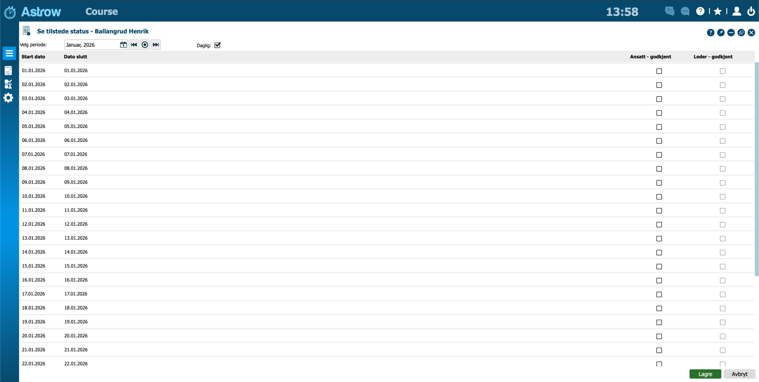 Signering timekort i ansattportalen for Astrow timeregistrering