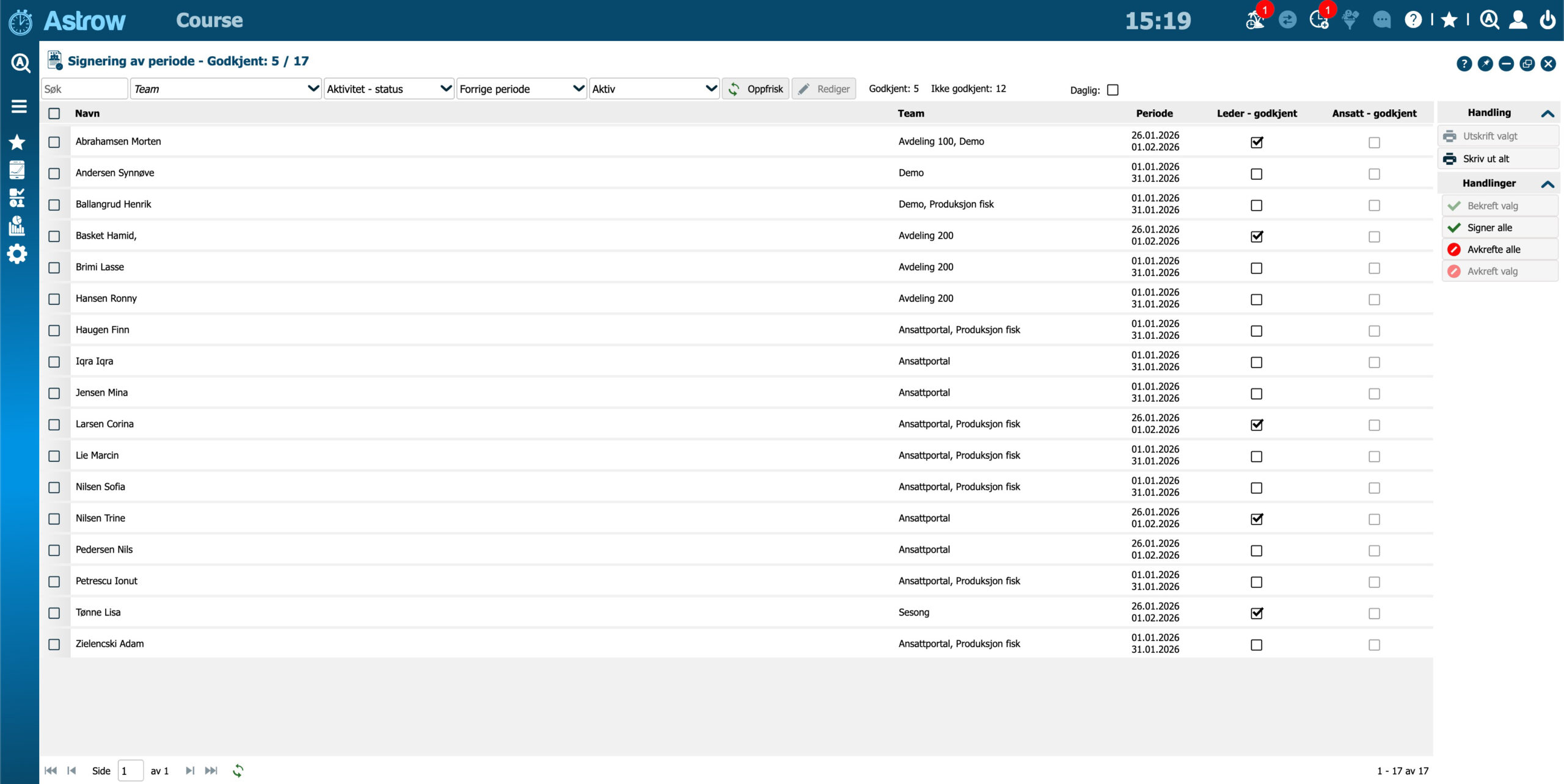 Signering lønnsperiode. Astrow timeregistrering