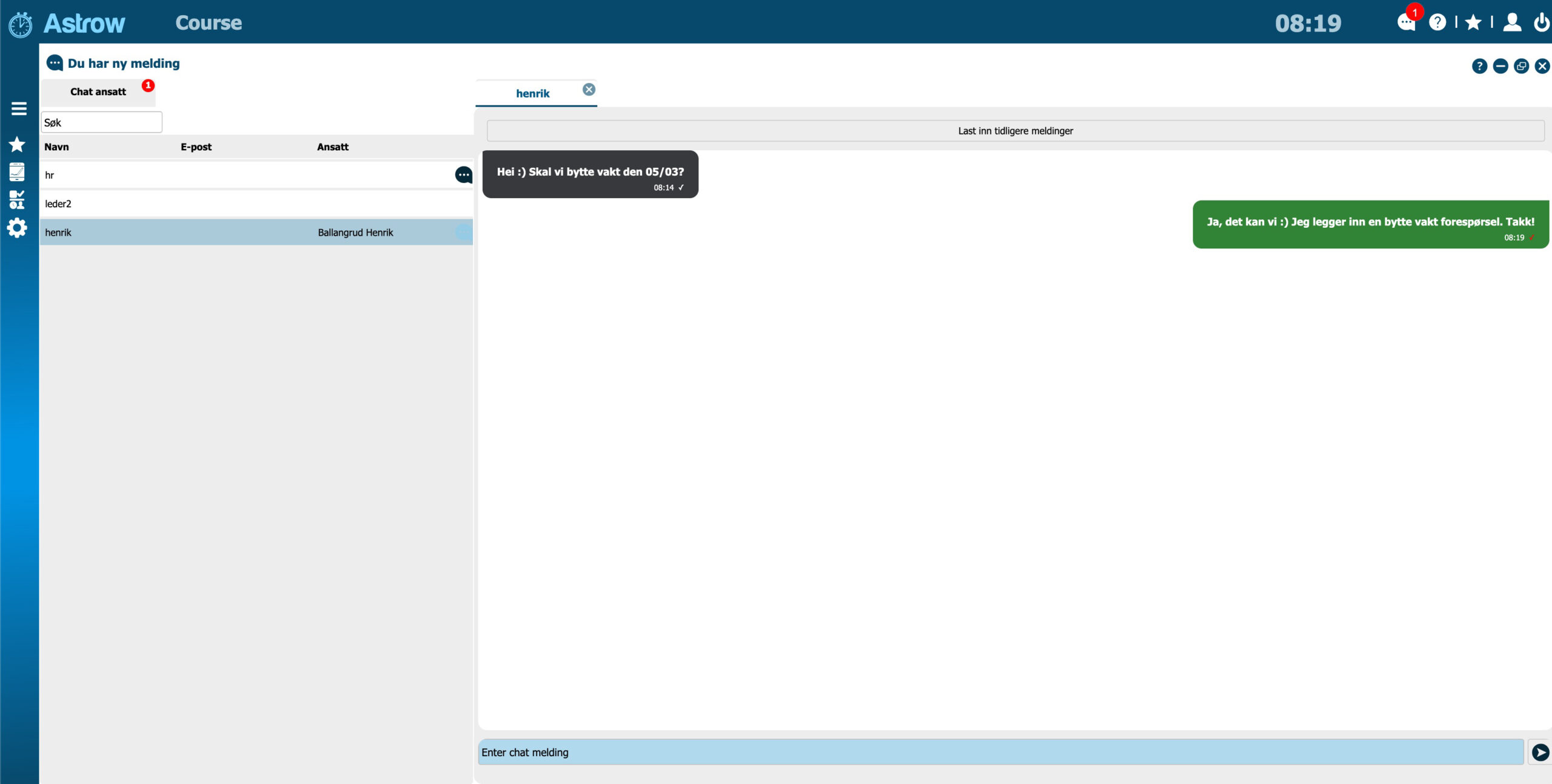 Chat ansattportal Astrow timeregistrering