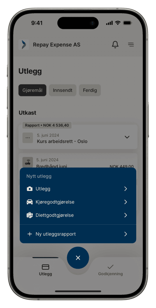 Meny for nytt utlegg i Repay Expense-appen med utlegg, kjøregodtgjørelse og diettgodtgjørelse