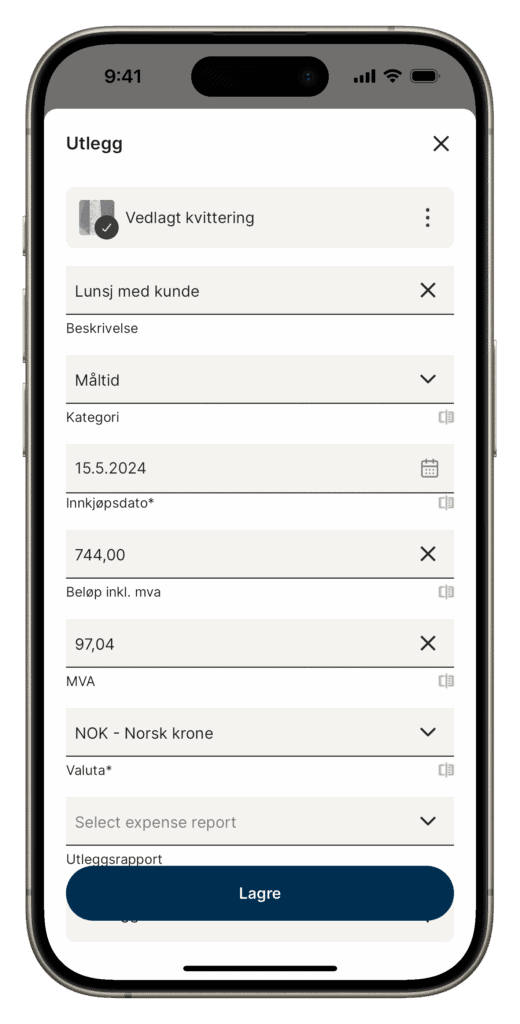 Utleggsskjema i Repay Expense-appen med kvittering, kategori, dato, beløp og mva
