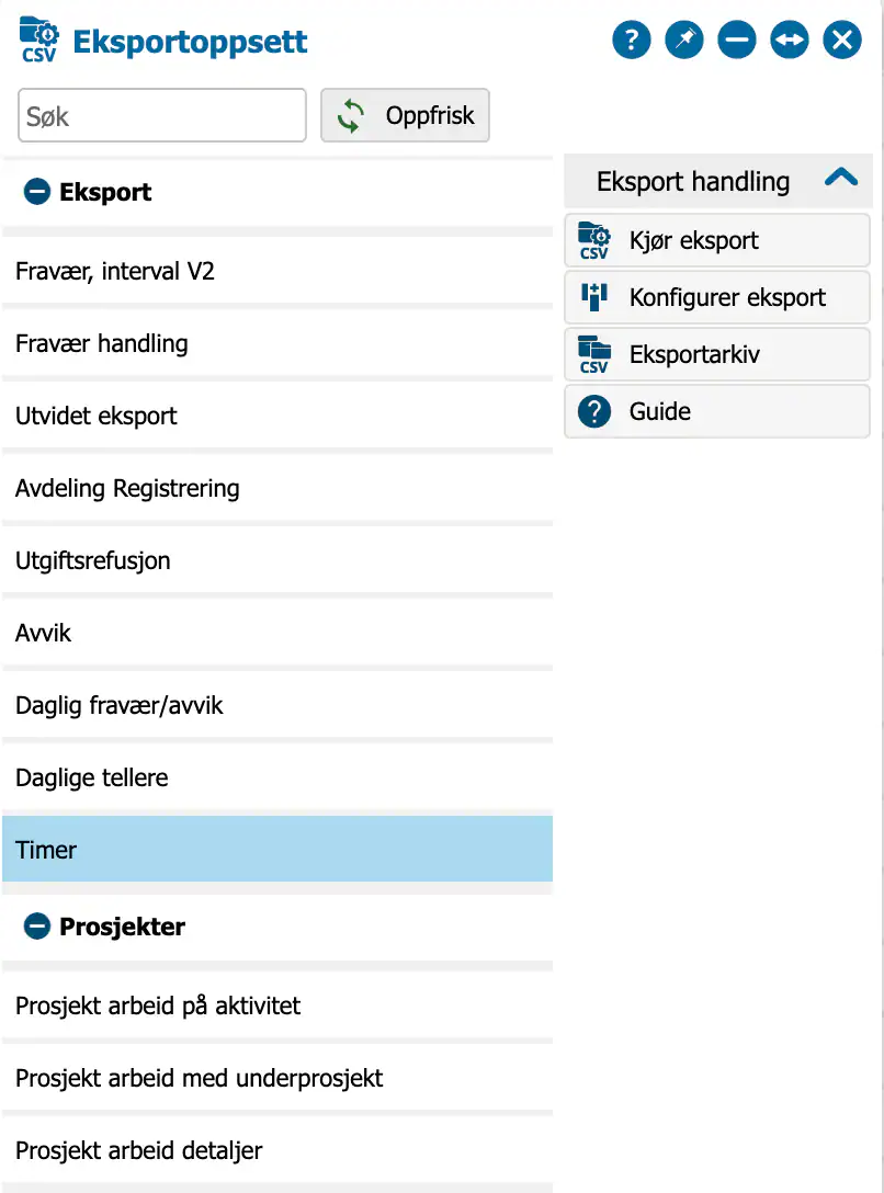 Eksportoppsett med eksporttypen Timer valgt og panelet Eksport handling