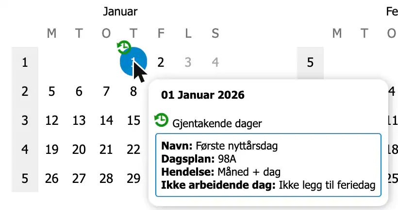 Detaljer for 1. januar: gjentakende dag med navn, dagsplan, hendelse og ikke arbeidende dag