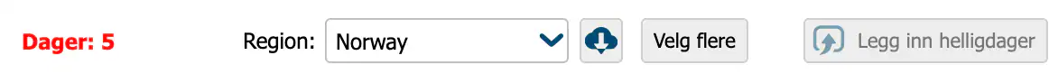 Regionvalg Norway, knapp for å laste ned kalendermaler, Velg flere og Legg inn helligdager