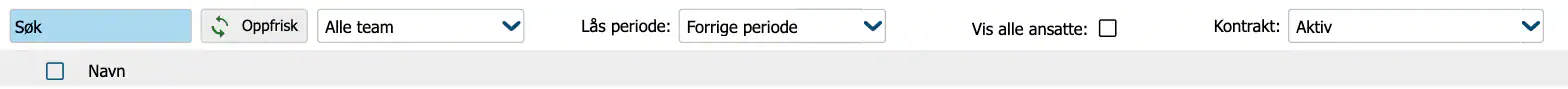 Verktøylinjen i Lås periode med søk, team, periodevalg, Vis alle ansatte og kontrakt