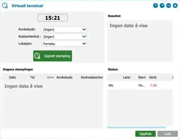 Vinduet Virtuell terminal i Astrow med klokkeslett, Avvikskode, Kostsenterkode, Lokasjon, knappen Opprett stempling og feltene Resultat, Dagens stemplinger og Status