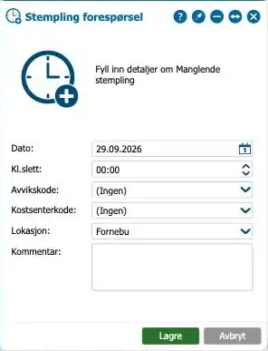 Det tomme skjemaet Stempling forespørsel i Astrow med feltene Dato, Kl.slett, Avvikskode, Kostsenterkode, Lokasjon og Kommentar