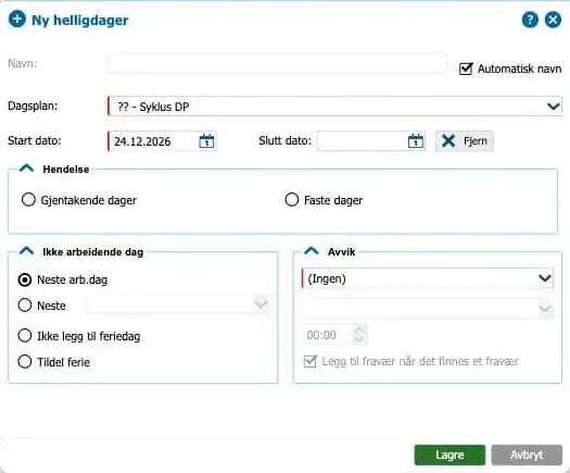 Dialogen Ny helligdager i Astrow med feltene Navn, Dagsplan, Start dato og Slutt dato og delene Hendelse, Ikke arbeidende dag og Avvik