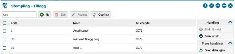 Listen i Stempling - Tillegg i Astrow med kode, navn og tellerkode for hvert tillegg
