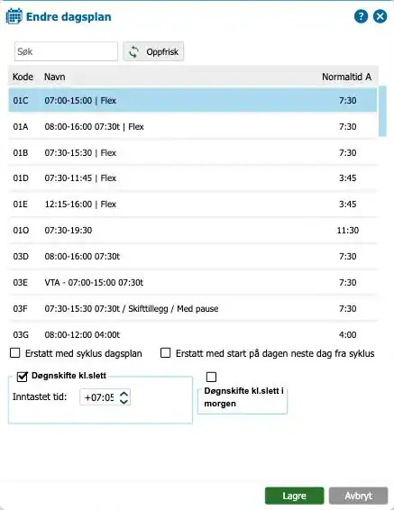 Vinduet Endre dagsplan i Astrow der Døgnskifte kl.slett er krysset av og Inntastet tid er +07:05
