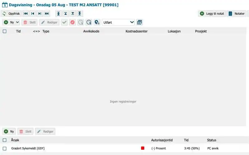 Dagsvisningen i Astrow for en testansatt der fraværet Gradert Sykemeldt er registrert med Prosent og 3:45 (50%)