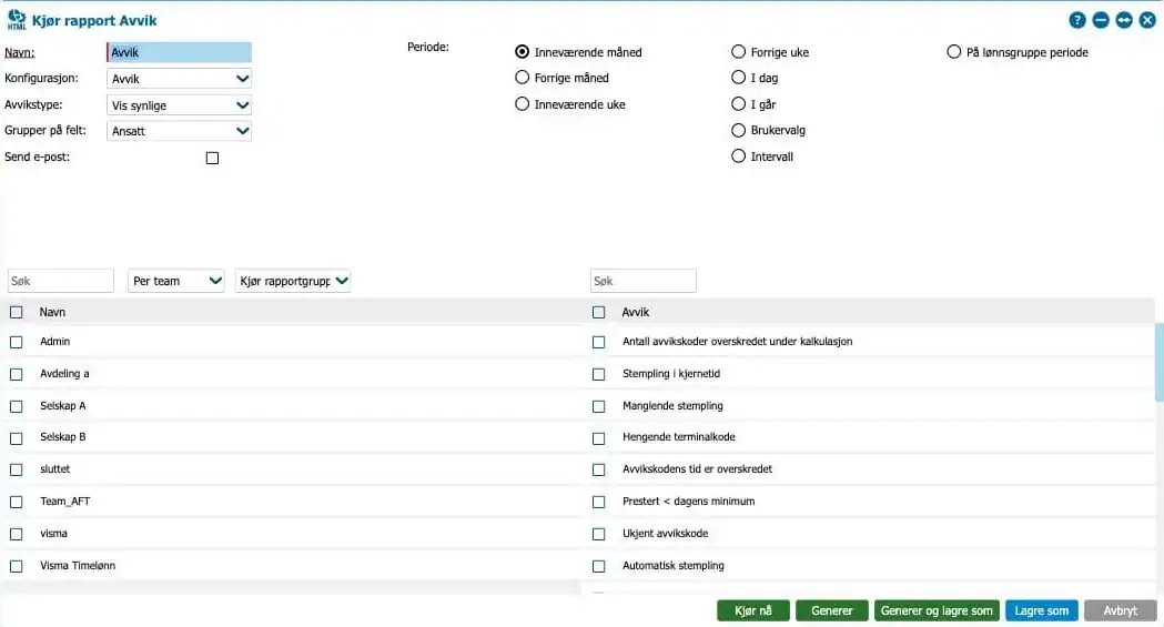Skjemaet Kjør rapport for rapporten Avvik i Astrow med navn, konfigurasjon, avvikstype, periode, Send e-post, listen over grupper og avvik og knappene Generer og Lagre som