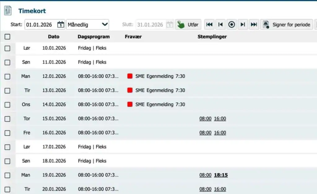 Timekort i Astrow med dagsprogram, stemplinger og saldo