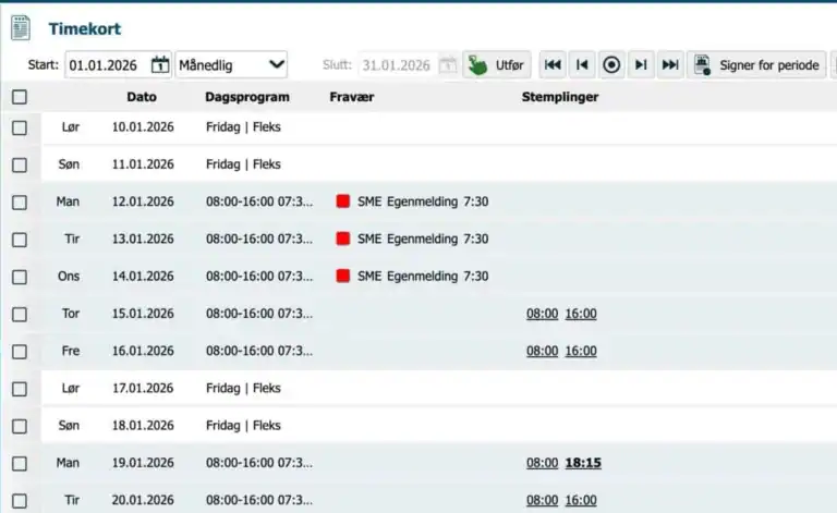 Timekort i Astrow med dagsprogram, egenmelding og stemplinger