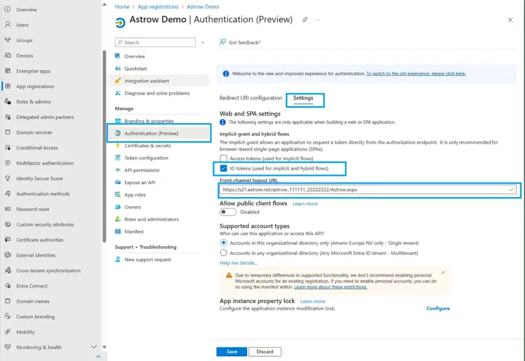 Fanen Settings under Authentication med ID tokens krysset av og Astrow-adressen som Front-channel logout URL