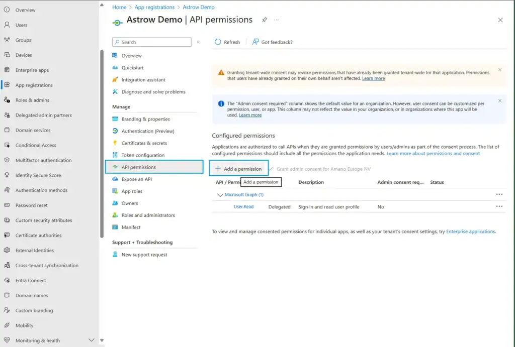 Siden API permissions for appen med knappen Add a permission og tillatelsen User.Read