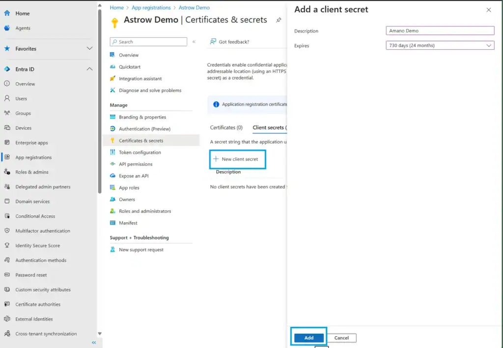Panelet Add a client secret med beskrivelse, utløpstid på 730 dager og knappen Add