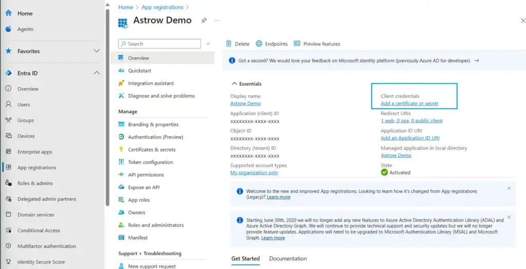 Oversikten for appen i Microsoft Entra med Application (client) ID, Directory (tenant) ID og lenken Add a certificate or secret