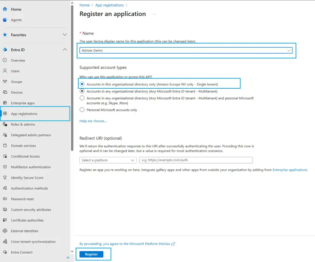 Skjemaet Register an application i Microsoft Entra med navnet på appen, valget Single tenant og knappen Register