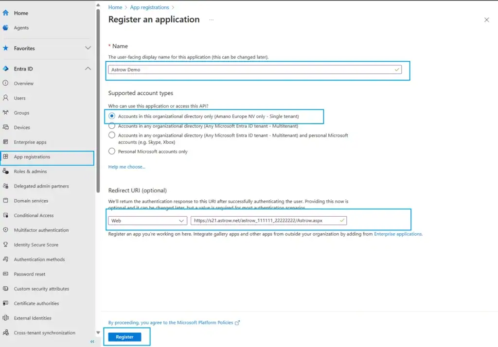 Skjemaet Register an application med navnet på appen, valget Single tenant, plattformen Web og Astrow-adressen som Redirect URI
