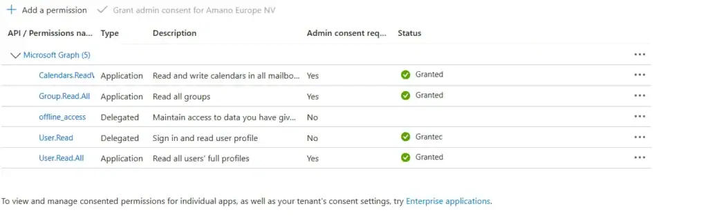 Tillatelsene Calendars.ReadWrite, Group.Read.All, offline_access, User.Read og User.Read.All under API permissions, med status Granted
