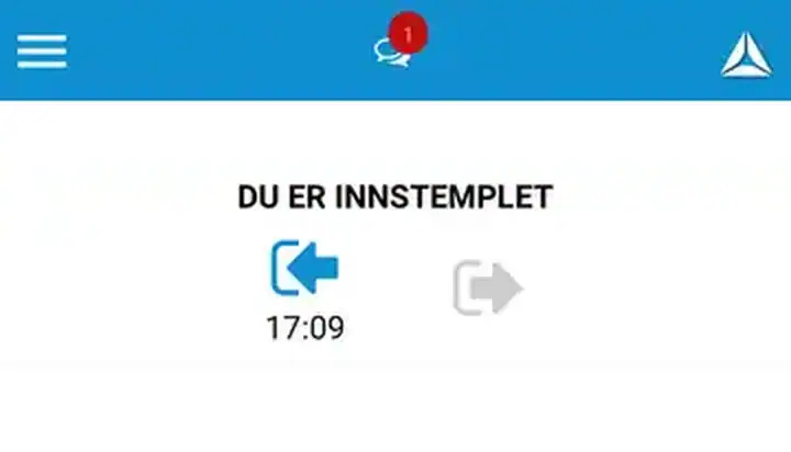 Astrow-appen etter innstempling, med meldingen DU ER INNSTEMPLET og klokkeslettet