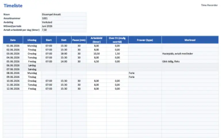Timeliste mal: gratis mal for registrering av arbeidstid